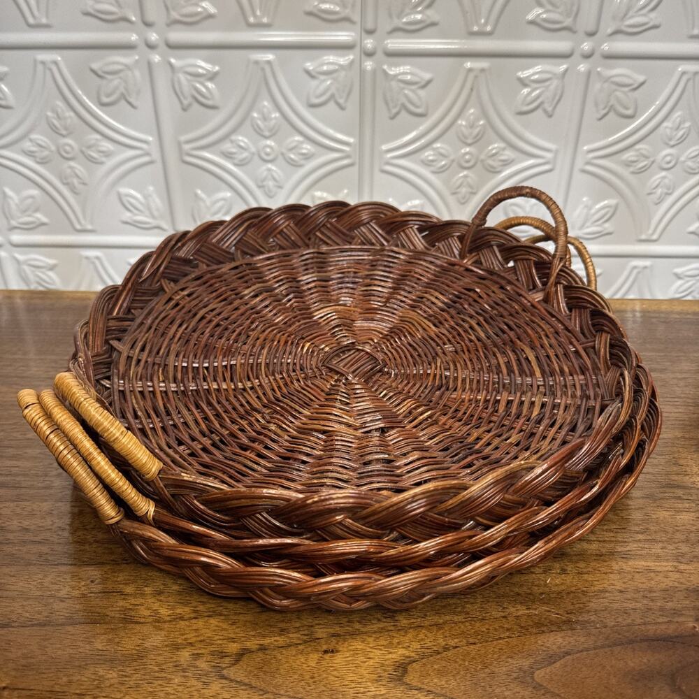 Set of 3 Round Handwoven Rattan Wicker Serving Trays w/ Handles Boho